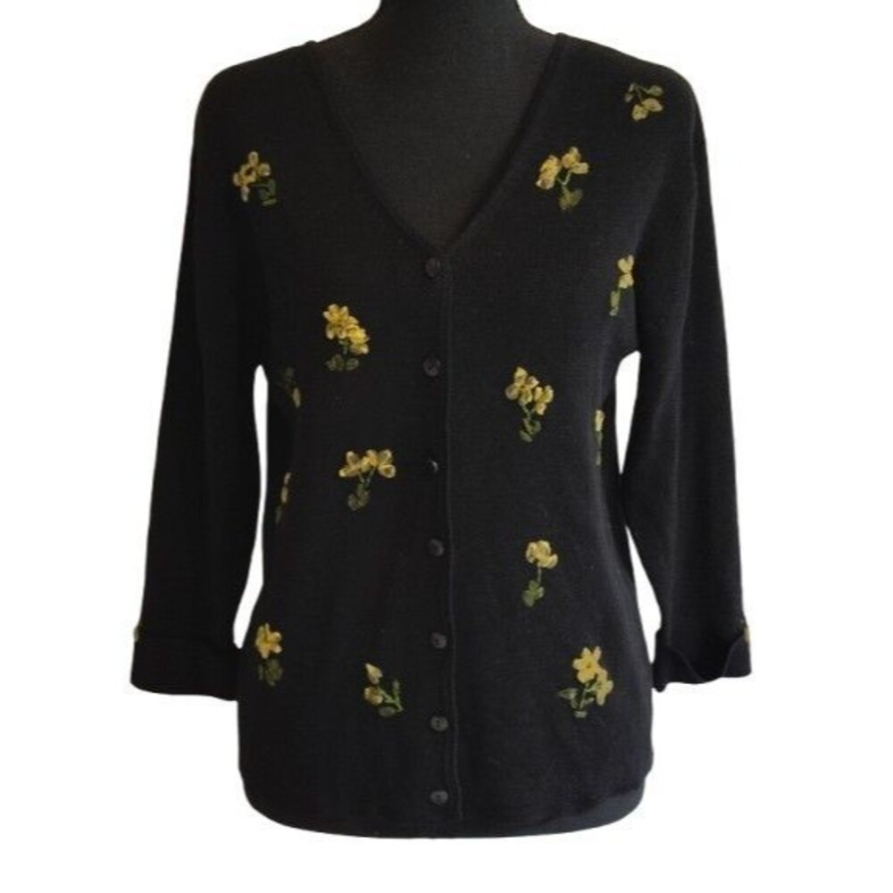 Vintage CLIO Black Yellow Floral Ribbon Embroidered V-Neck Button Cardigan...